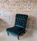Antique Victorian Green Velvet Scroll Back Mahogany Slipper Chair