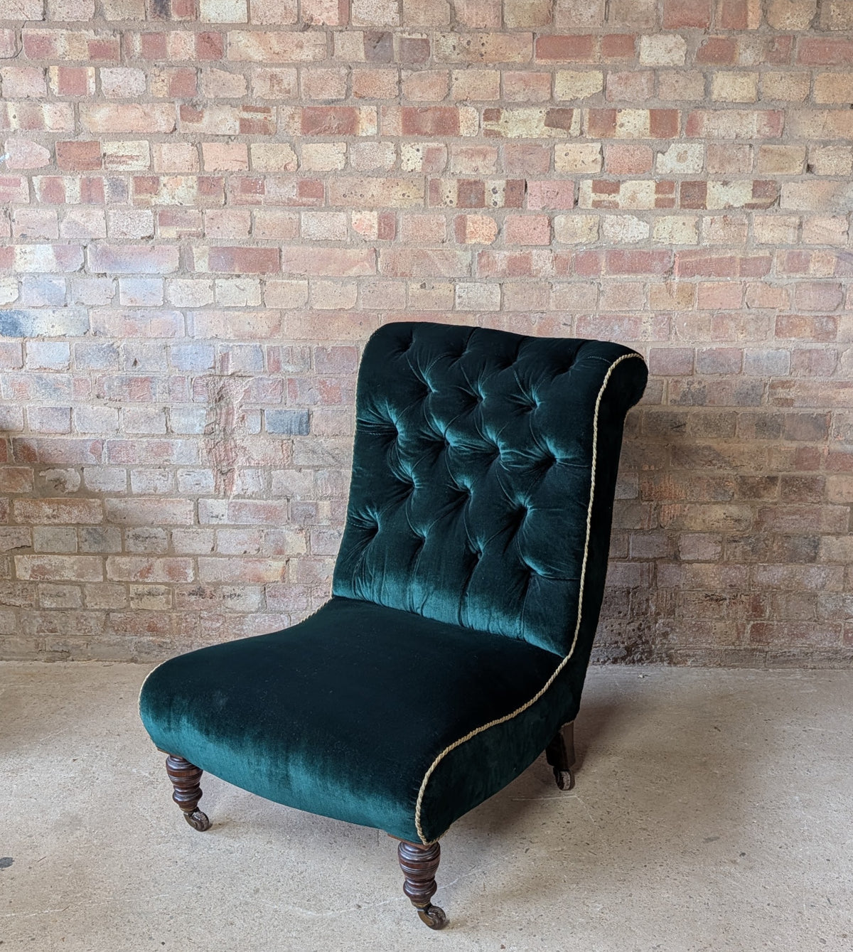 Antique Victorian Green Velvet Scroll Back Mahogany Slipper Chair