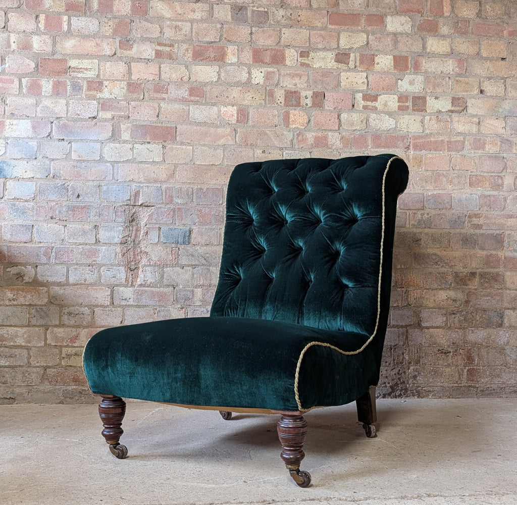 Antique Victorian Green Velvet Scroll Back Mahogany Slipper Chair