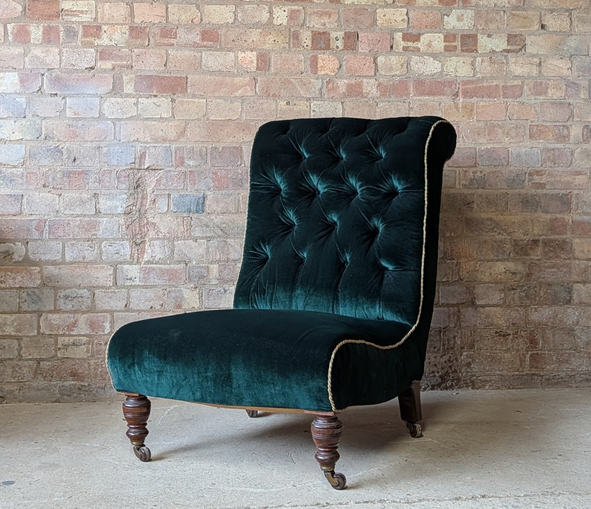 Antique Victorian Green Velvet Scroll Back Mahogany Slipper Chair