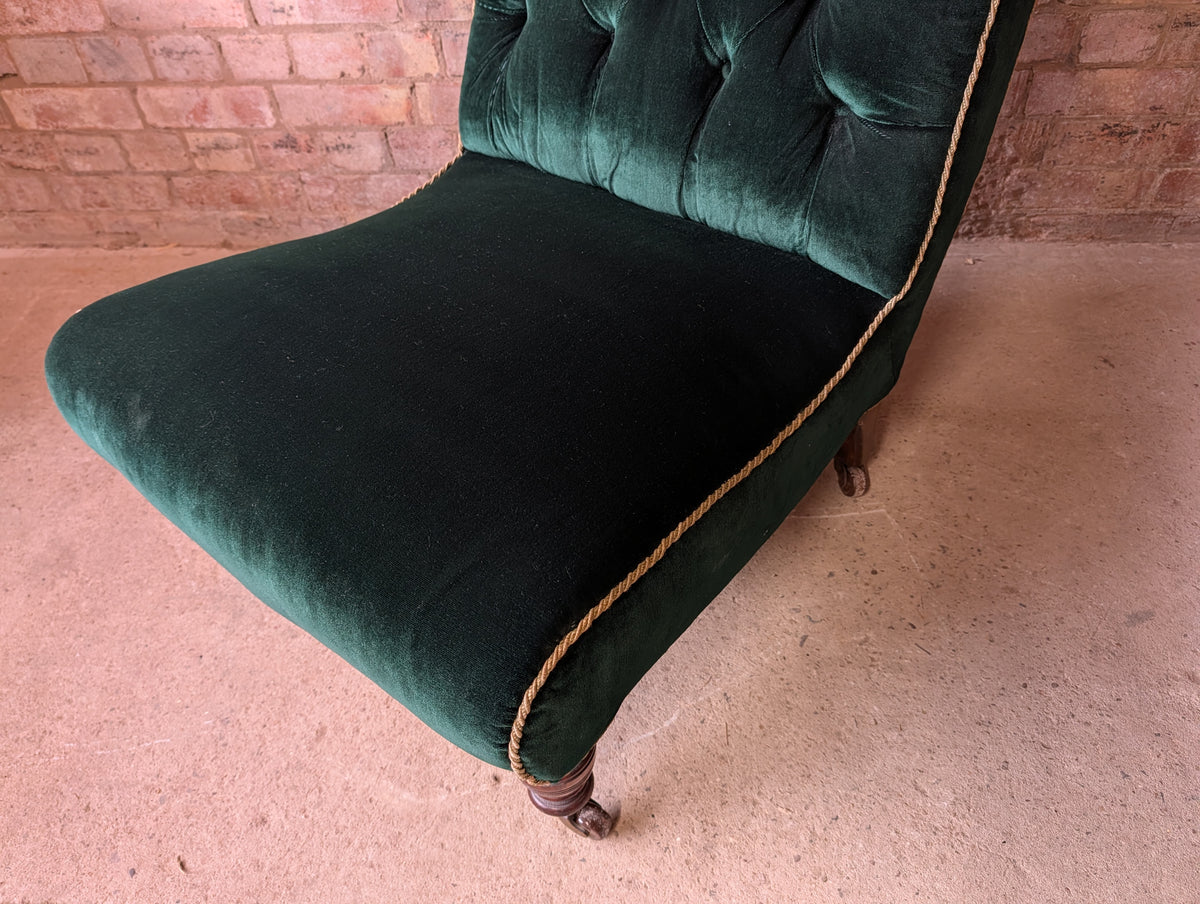 Antique Victorian Green Velvet Scroll Back Mahogany Slipper Chair