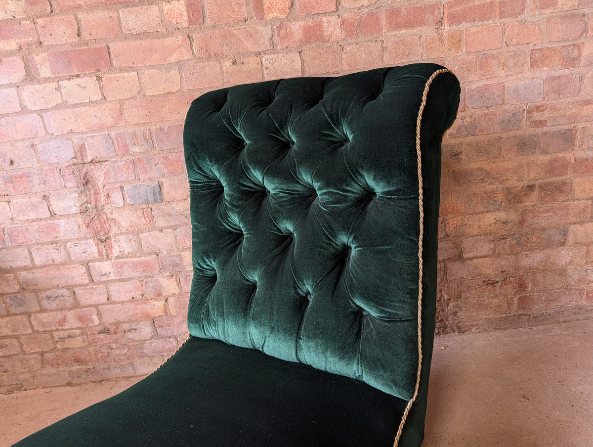 Antique Victorian Green Velvet Scroll Back Mahogany Slipper Chair