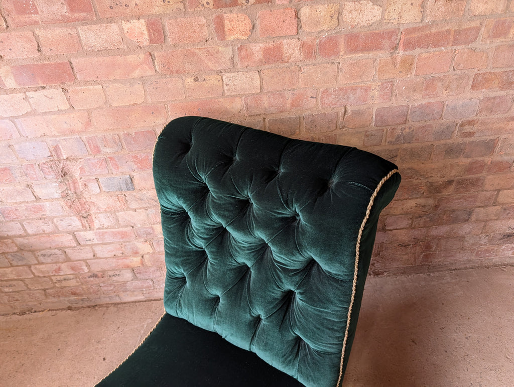 Antique Victorian Green Velvet Scroll Back Mahogany Slipper Chair