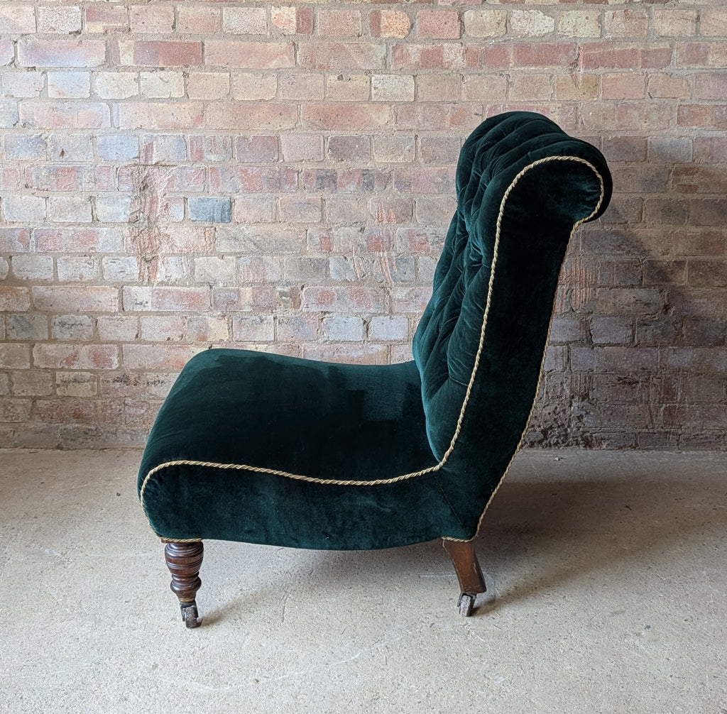 Antique Victorian Green Velvet Scroll Back Mahogany Slipper Chair