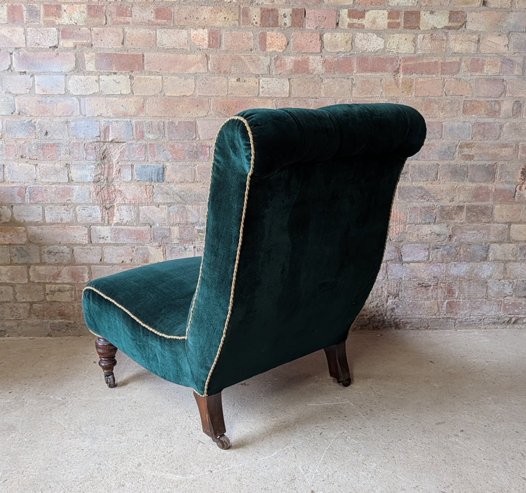 Antique Victorian Green Velvet Scroll Back Mahogany Slipper Chair