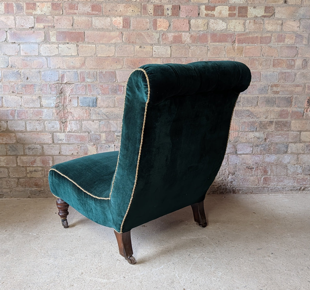 Antique Victorian Green Velvet Scroll Back Mahogany Slipper Chair