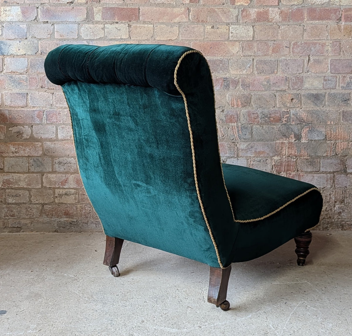 Antique Victorian Green Velvet Scroll Back Mahogany Slipper Chair