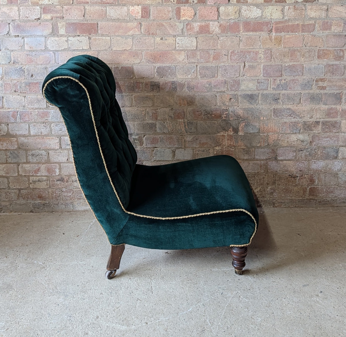 Antique Victorian Green Velvet Scroll Back Mahogany Slipper Chair