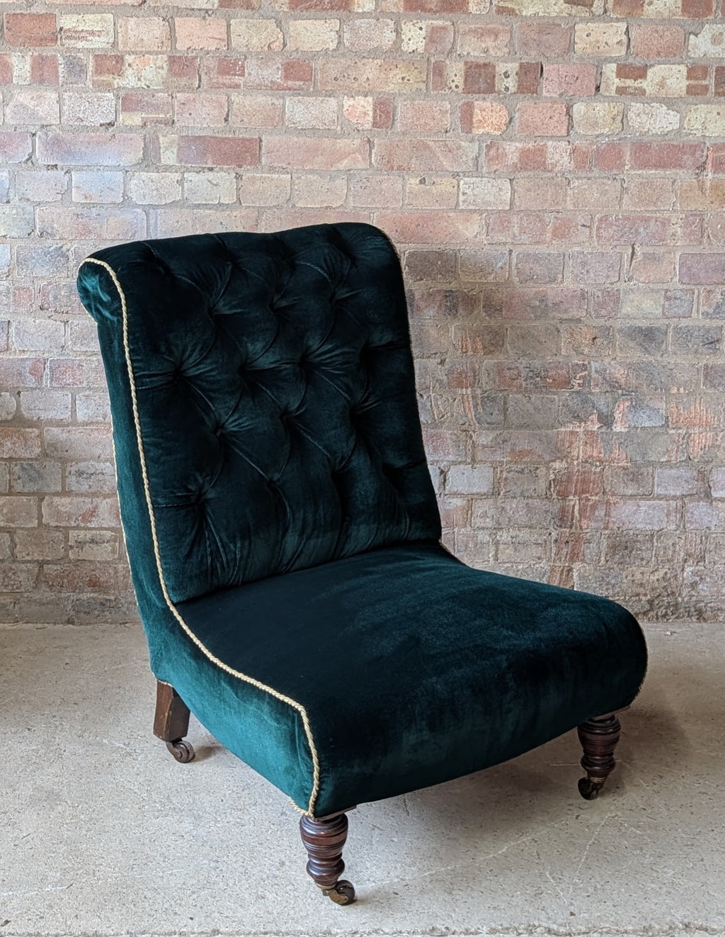 Antique Victorian Green Velvet Scroll Back Mahogany Slipper Chair