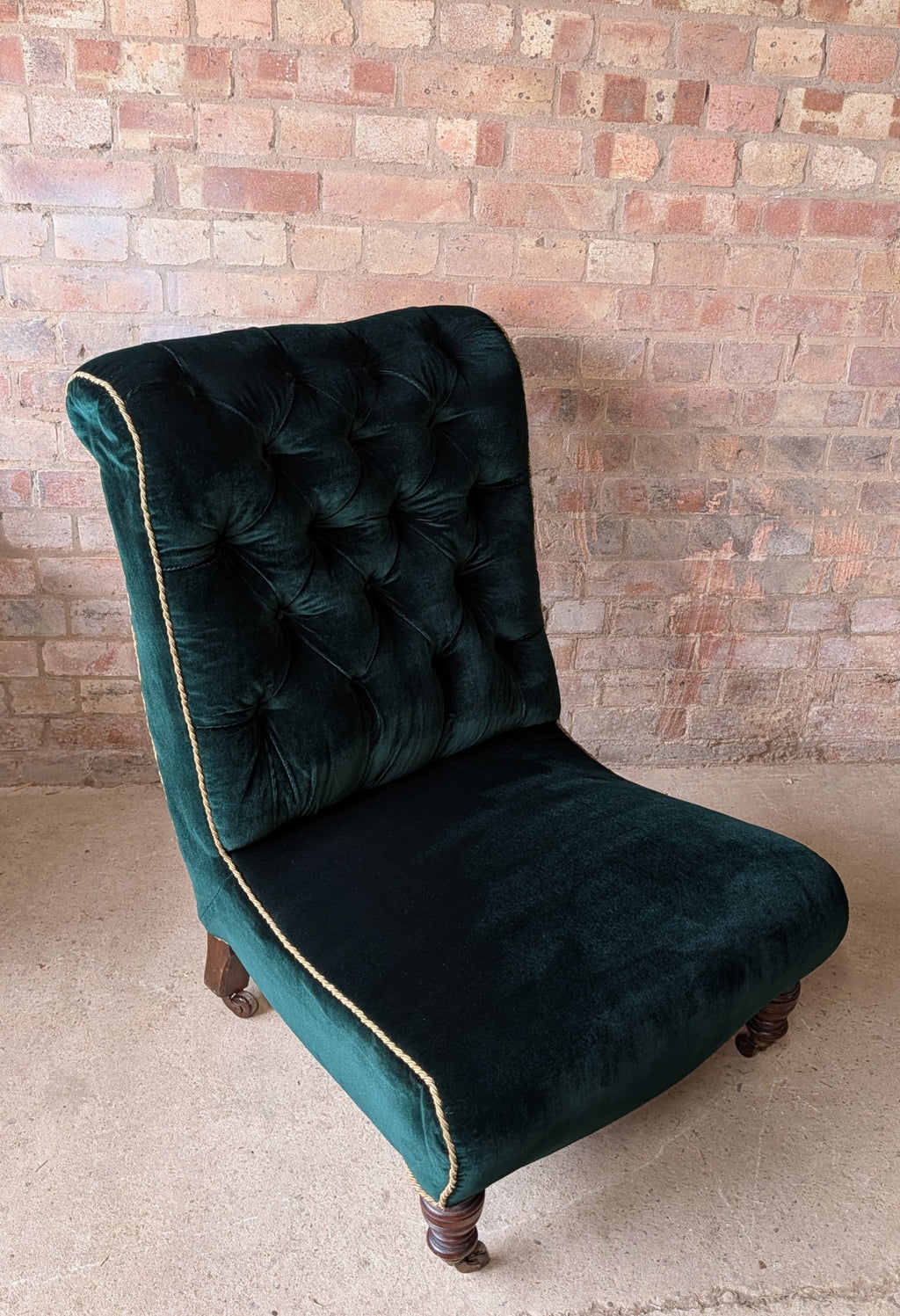 Antique Victorian Green Velvet Scroll Back Mahogany Slipper Chair