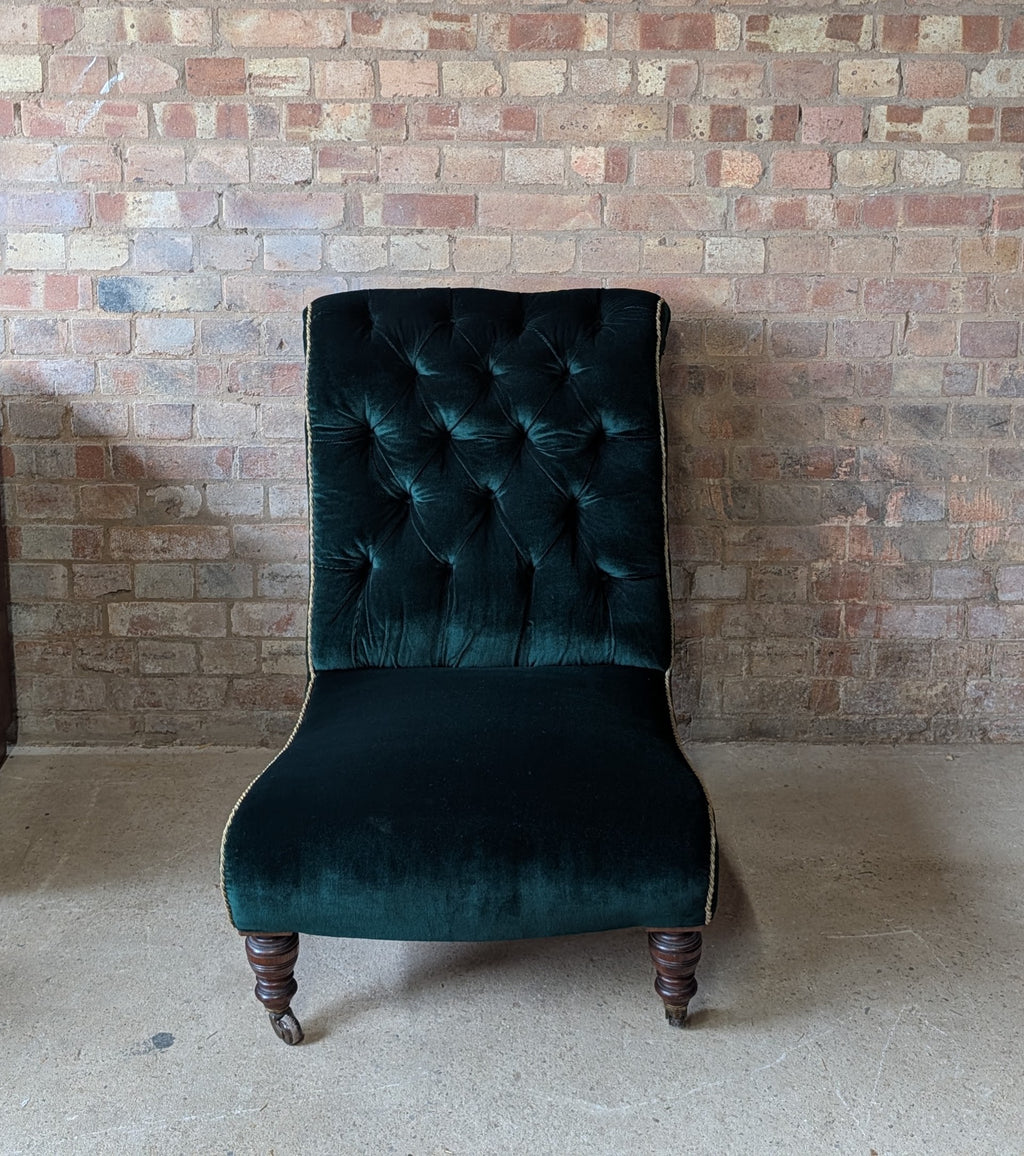 Antique Victorian Green Velvet Scroll Back Mahogany Slipper Chair