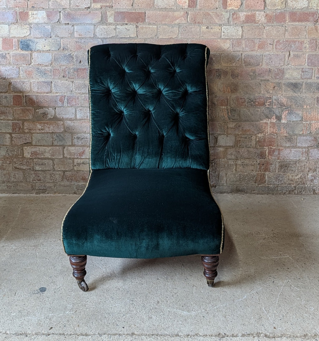 Antique Victorian Green Velvet Scroll Back Mahogany Slipper Chair