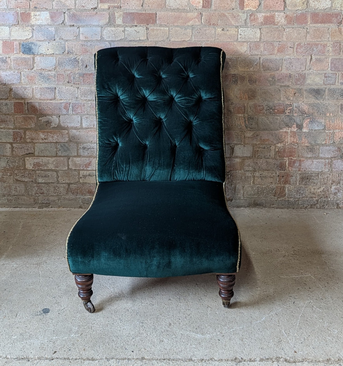 Antique Victorian Green Velvet Scroll Back Mahogany Slipper Chair