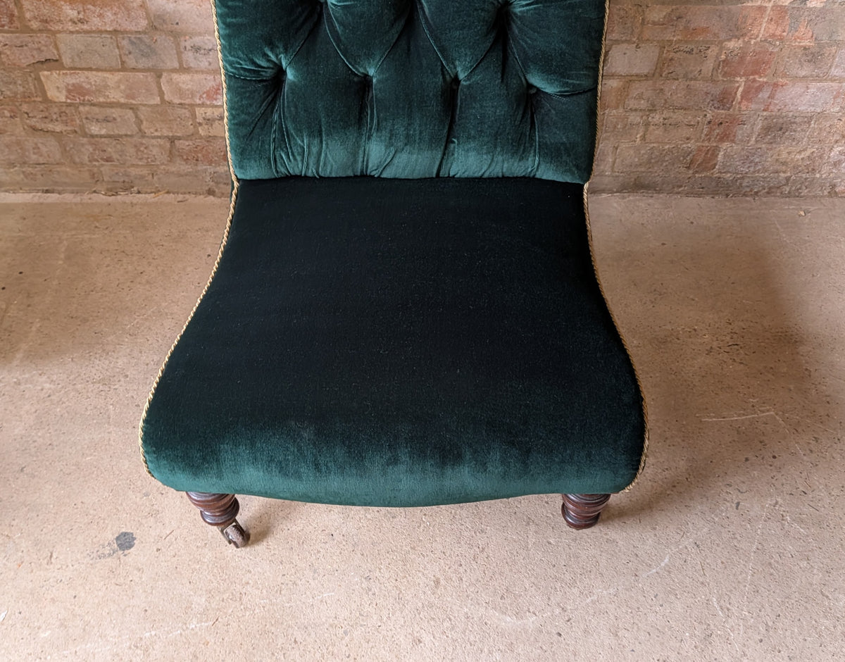 Antique Victorian Green Velvet Scroll Back Mahogany Slipper Chair