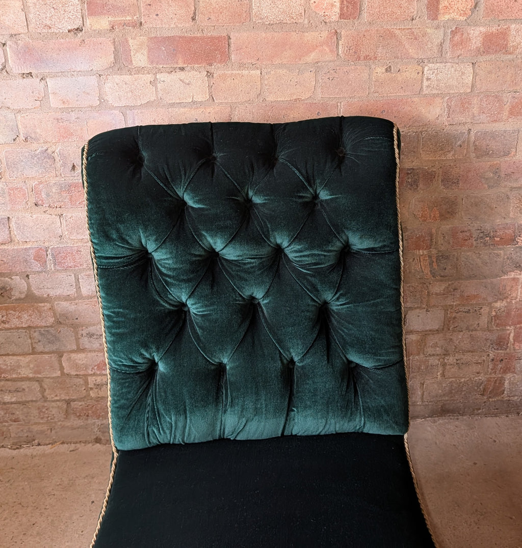 Antique Victorian Green Velvet Scroll Back Mahogany Slipper Chair