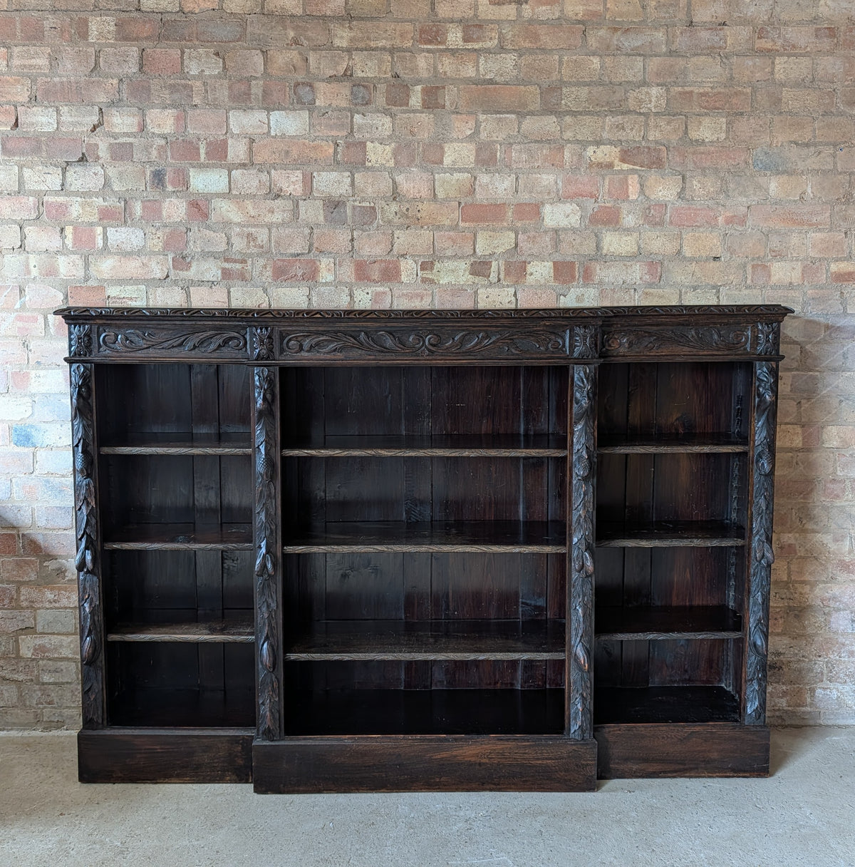Antique Victorian Carved Oak Green man Breakfront Open Bookcase