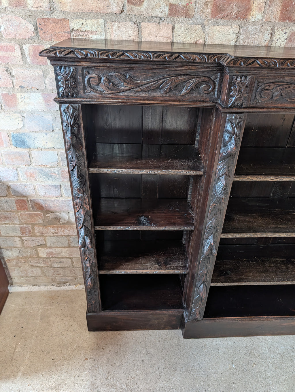 Antique Victorian Carved Oak Green man Breakfront Open Bookcase