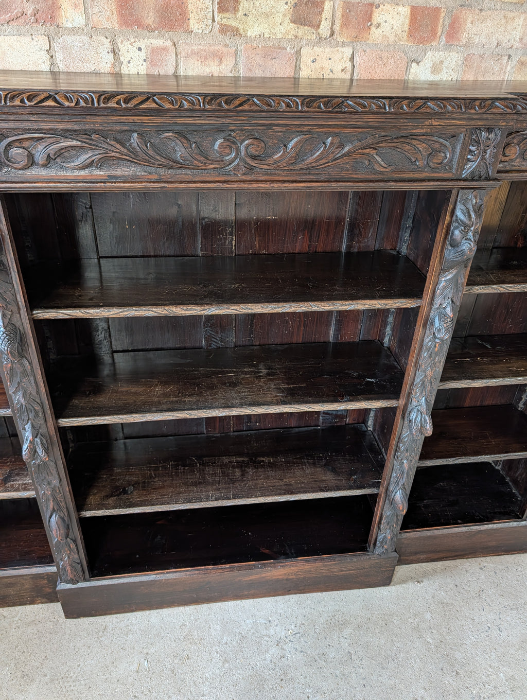 Antique Victorian Carved Oak Green man Breakfront Open Bookcase