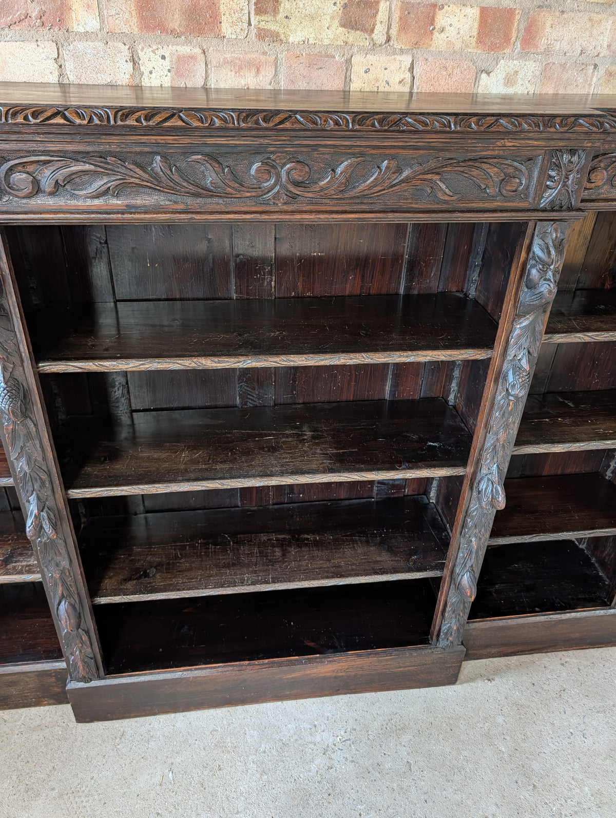 Antique Victorian Carved Oak Green man Breakfront Open Bookcase