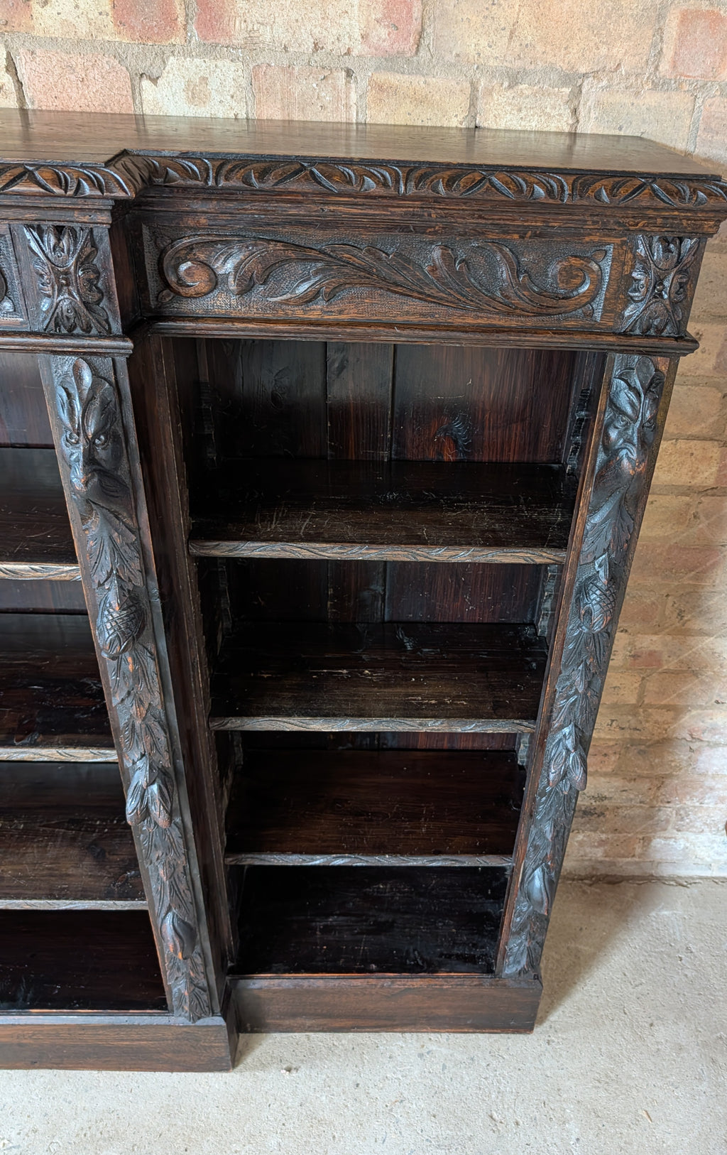 Antique Victorian Carved Oak Green man Breakfront Open Bookcase