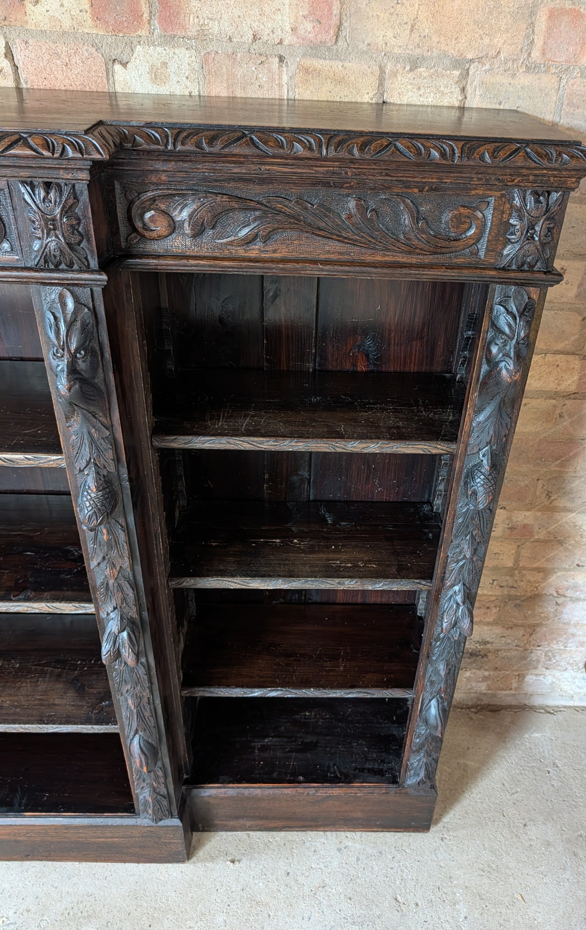 Antique Victorian Carved Oak Green man Breakfront Open Bookcase
