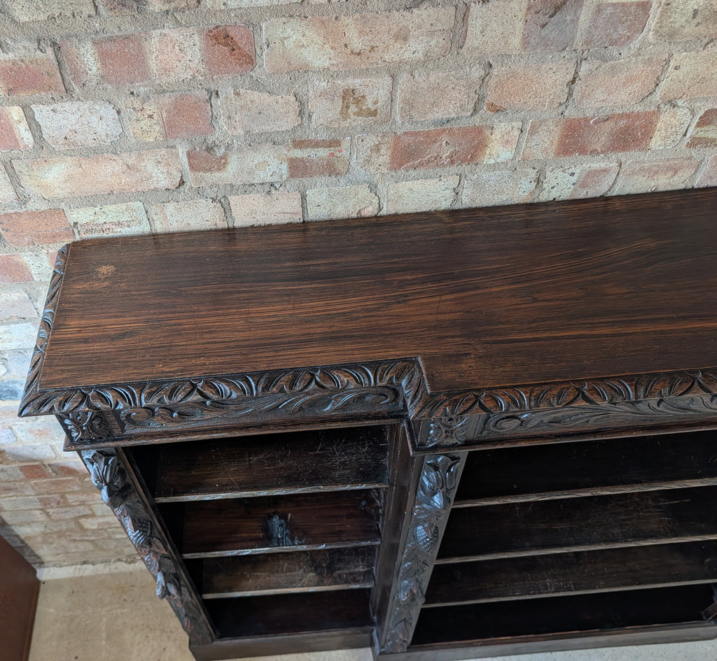 Antique Victorian Carved Oak Green man Breakfront Open Bookcase