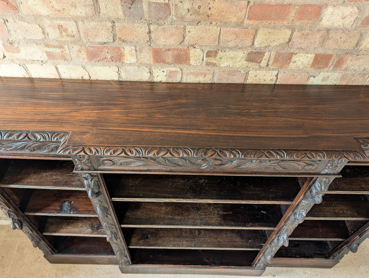 Antique Victorian Carved Oak Green man Breakfront Open Bookcase
