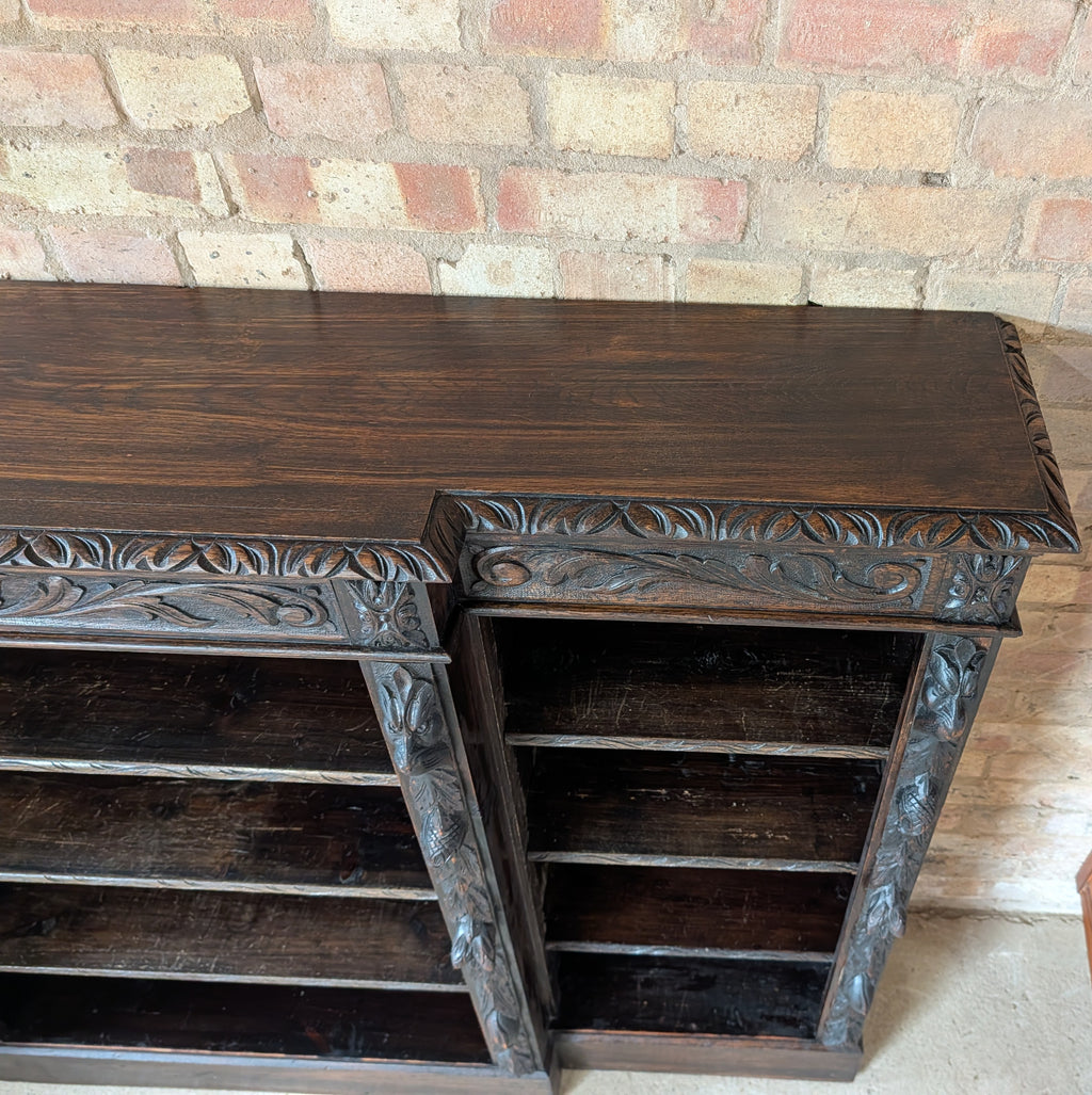 Antique Victorian Carved Oak Green man Breakfront Open Bookcase