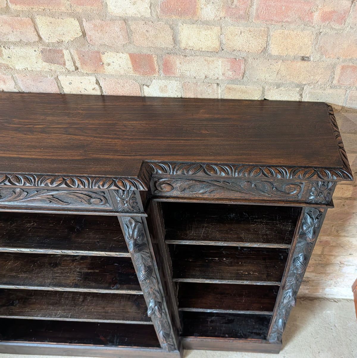 Antique Victorian Carved Oak Green man Breakfront Open Bookcase