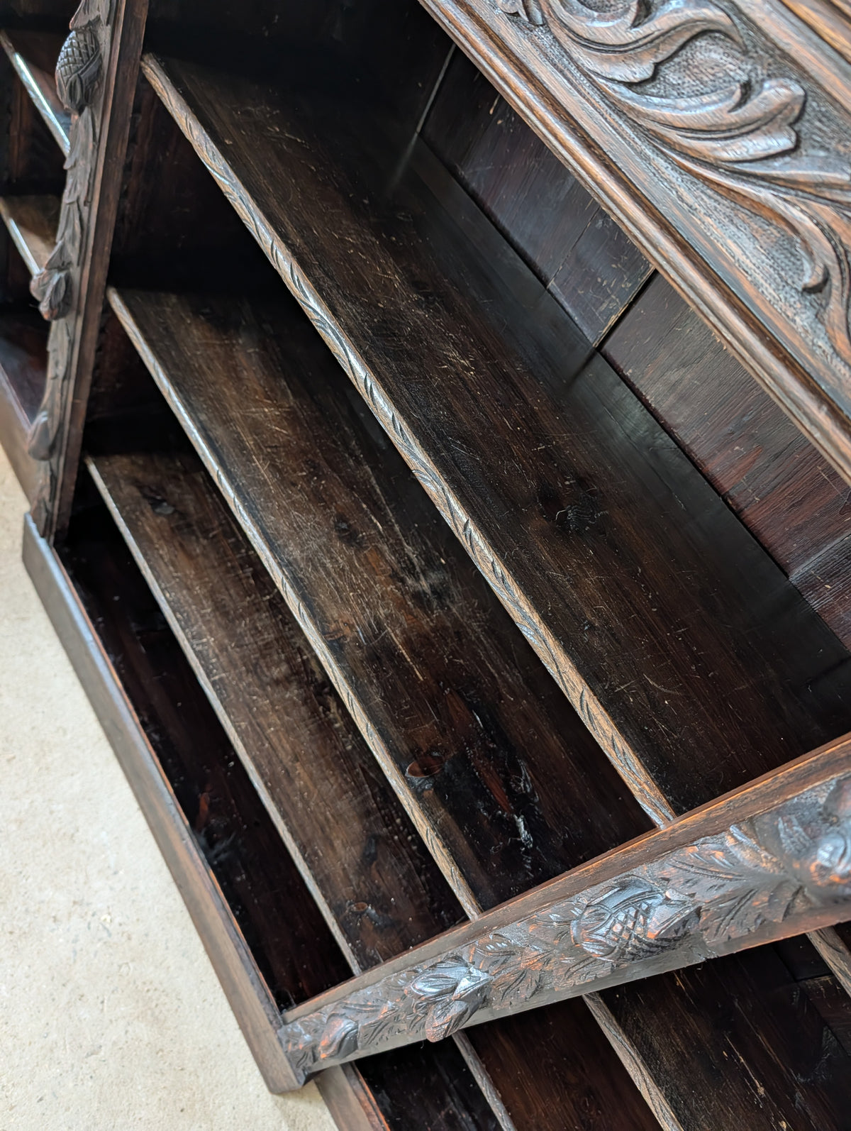 Antique Victorian Carved Oak Green man Breakfront Open Bookcase