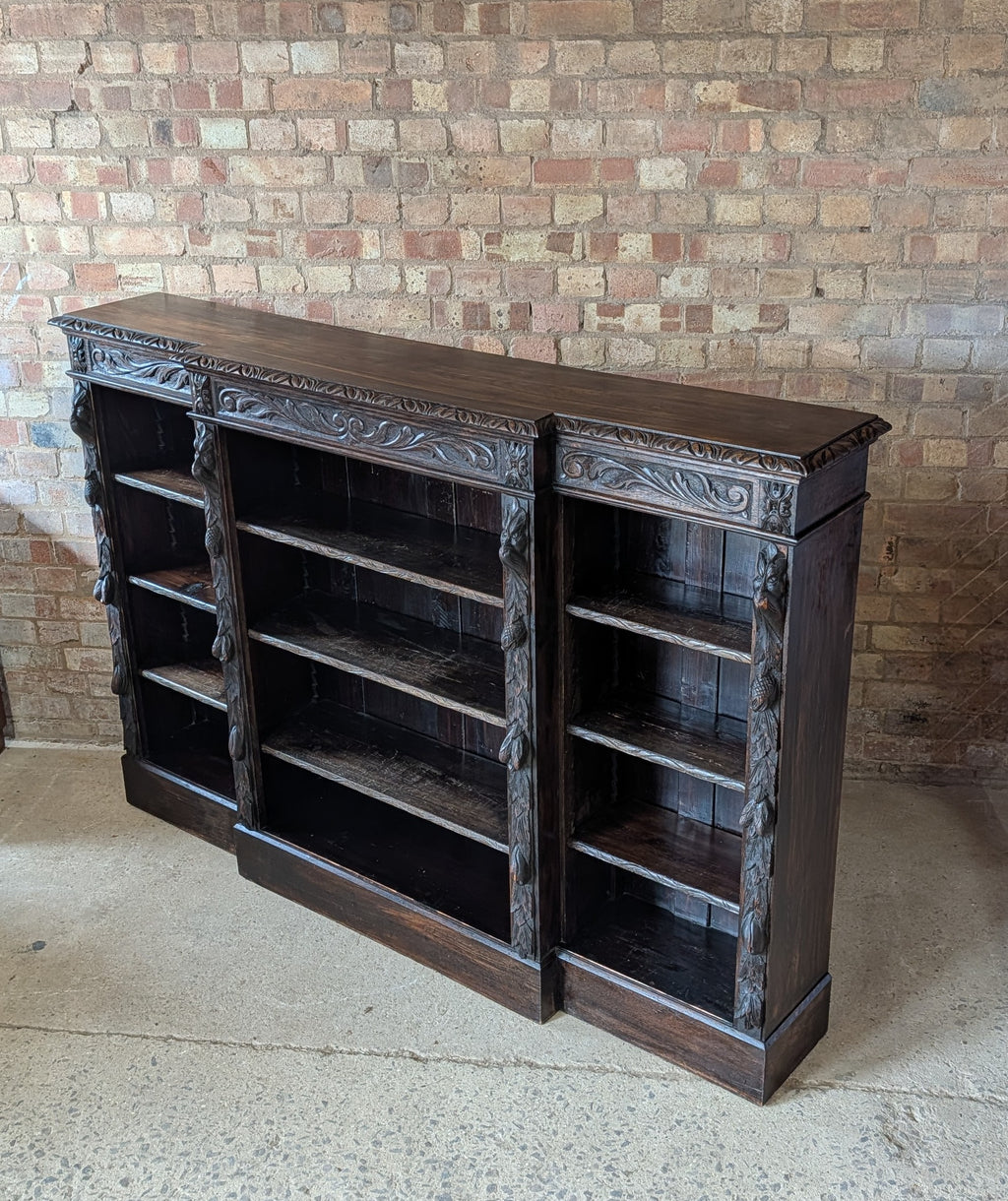 Antique Victorian Carved Oak Green man Breakfront Open Bookcase