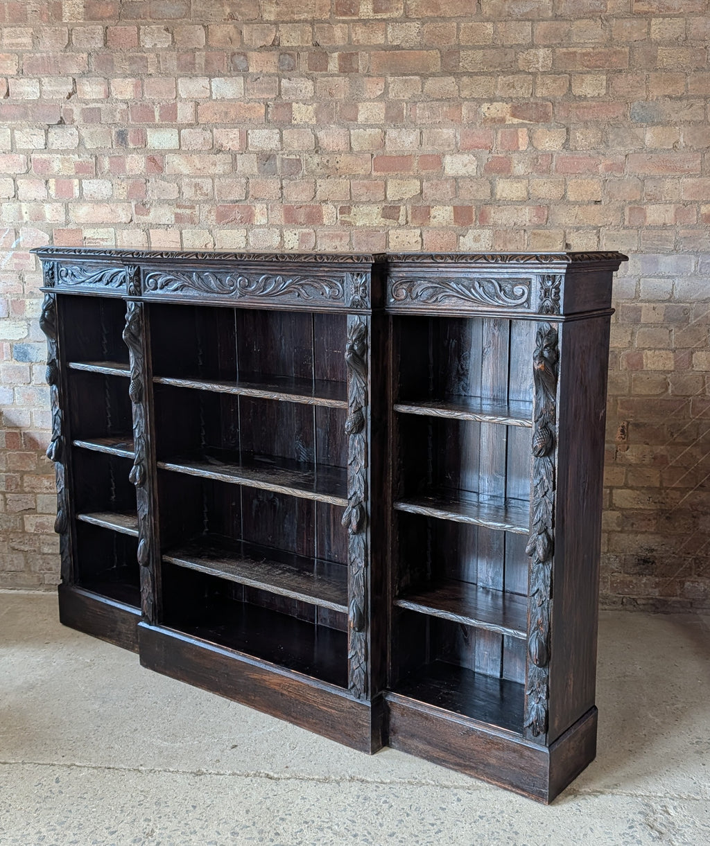Antique Victorian Carved Oak Green man Breakfront Open Bookcase