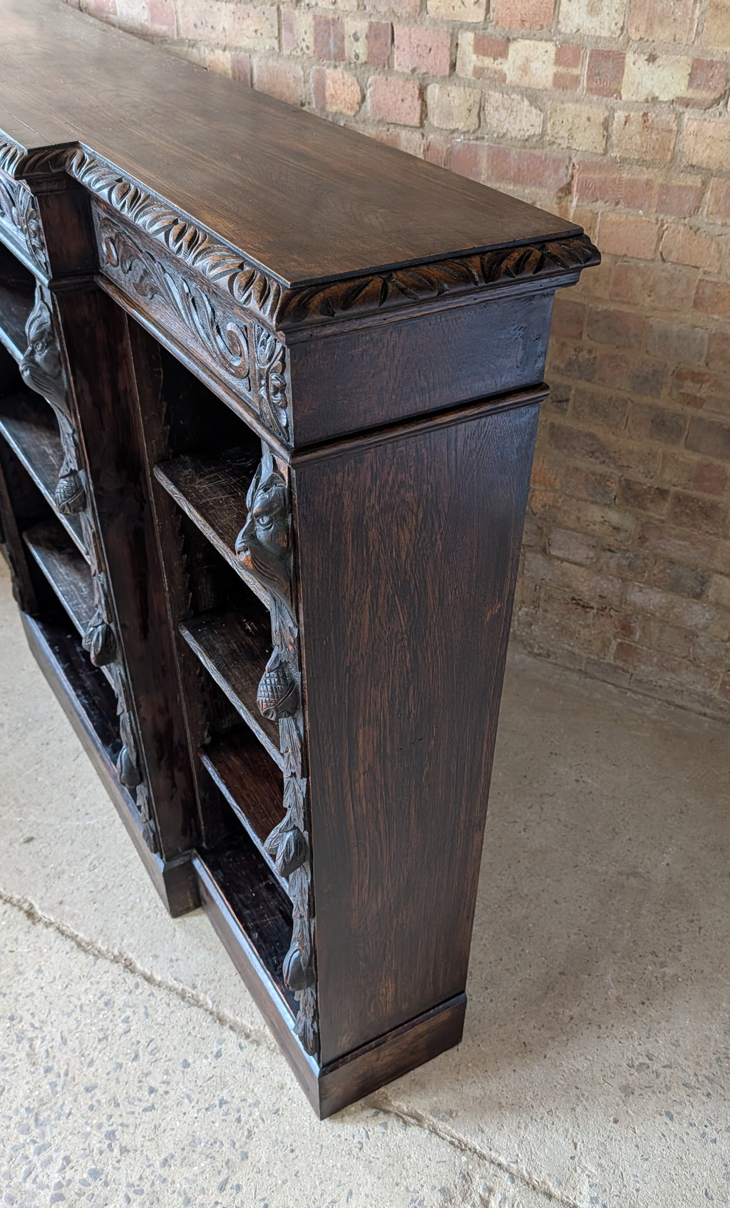 Antique Victorian Carved Oak Green man Breakfront Open Bookcase