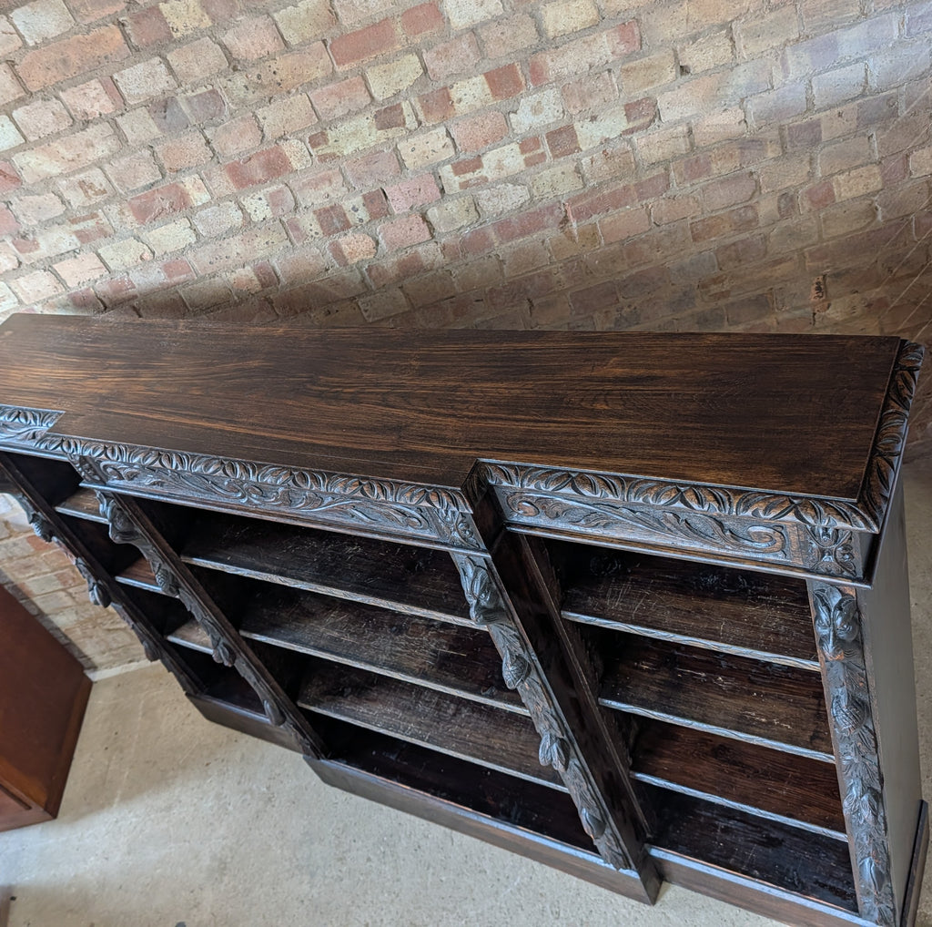 Antique Victorian Carved Oak Green man Breakfront Open Bookcase