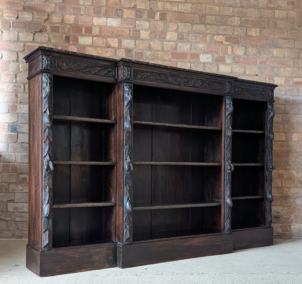 Antique Victorian Carved Oak Green man Breakfront Open Bookcase