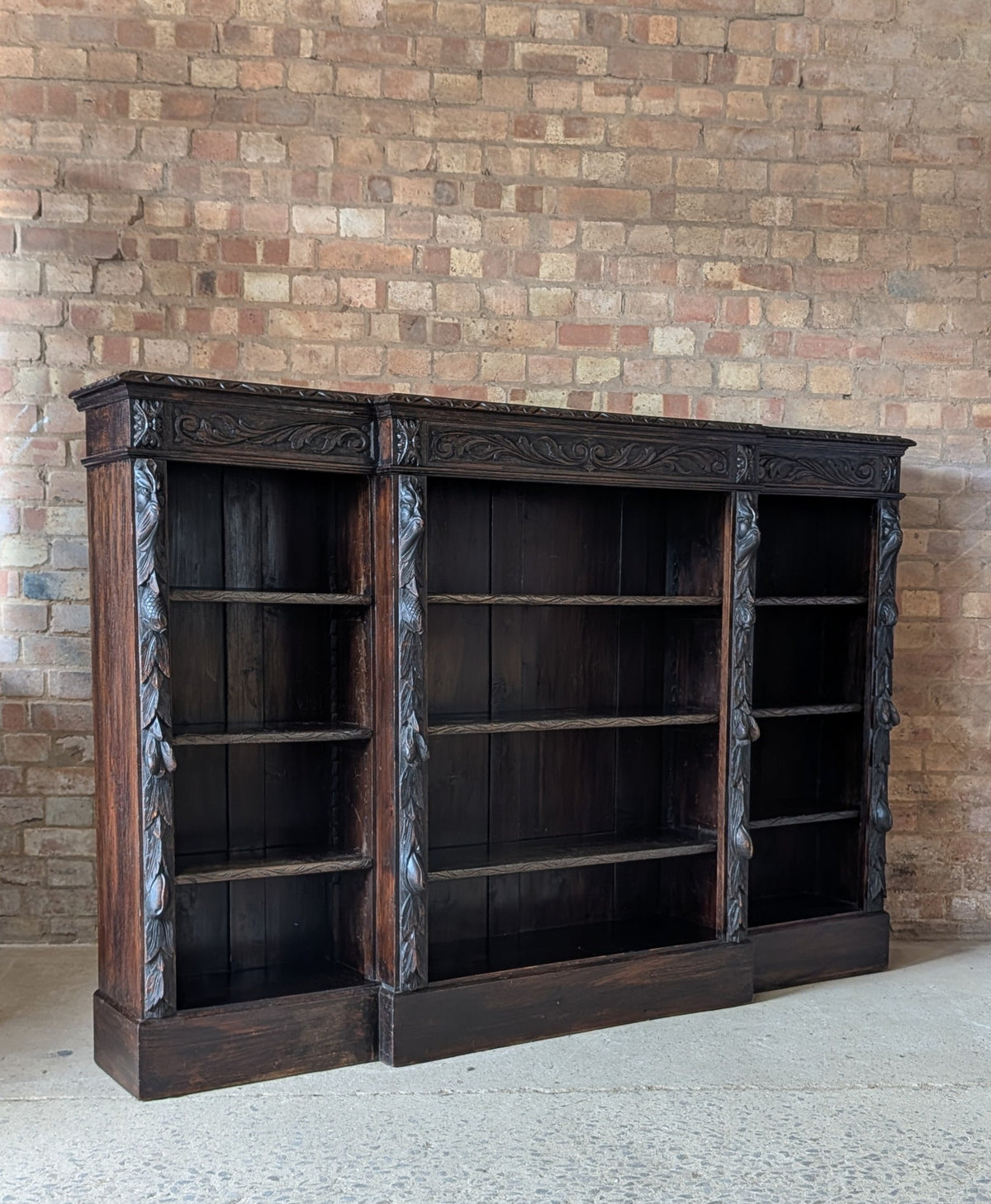 Antique Victorian Carved Oak Green man Breakfront Open Bookcase
