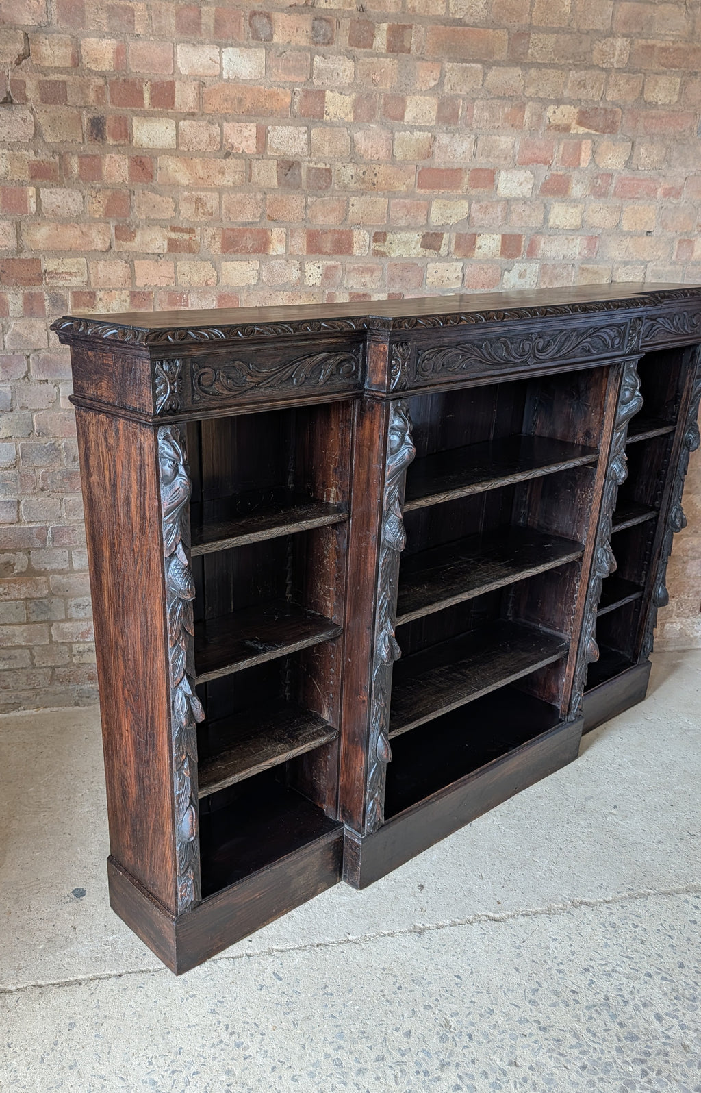Antique Victorian Carved Oak Green man Breakfront Open Bookcase