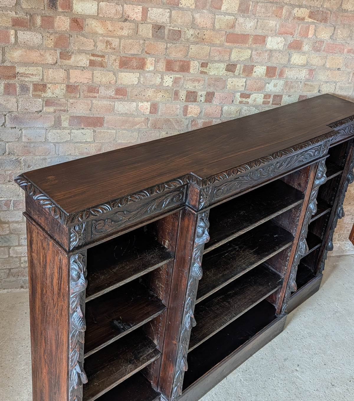 Antique Victorian Carved Oak Green man Breakfront Open Bookcase