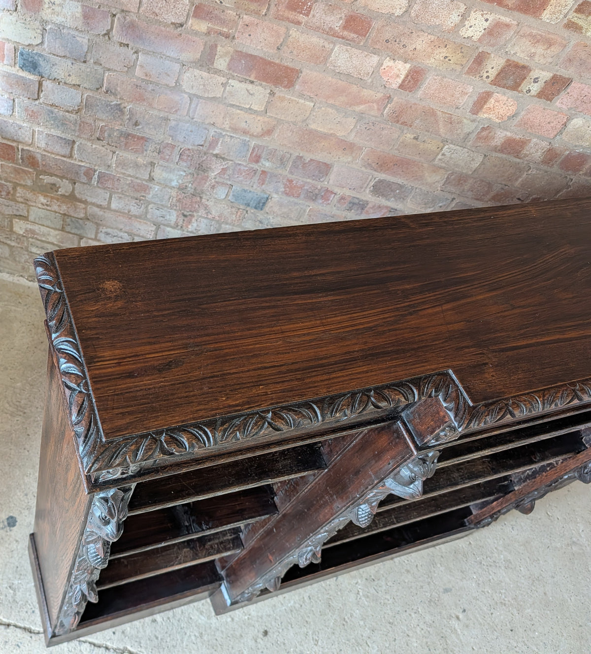 Antique Victorian Carved Oak Green man Breakfront Open Bookcase