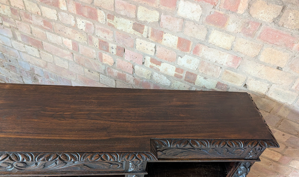 Antique Victorian Carved Oak Green man Breakfront Open Bookcase