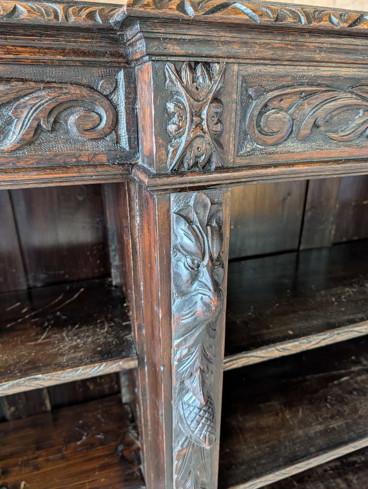 Antique Victorian Carved Oak Green man Breakfront Open Bookcase