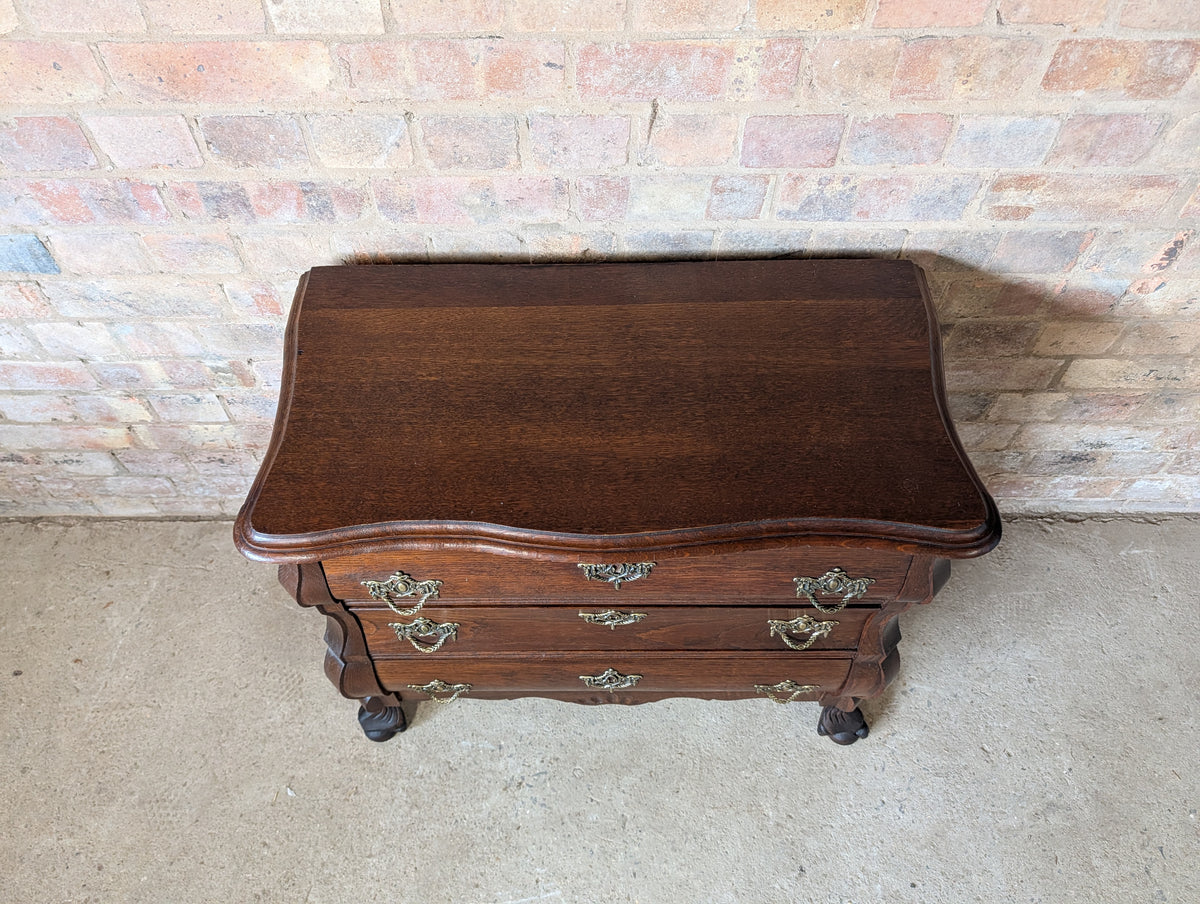 Vintage Small Oak Dutch Bombe Chest Of Drawers -3 Drawer