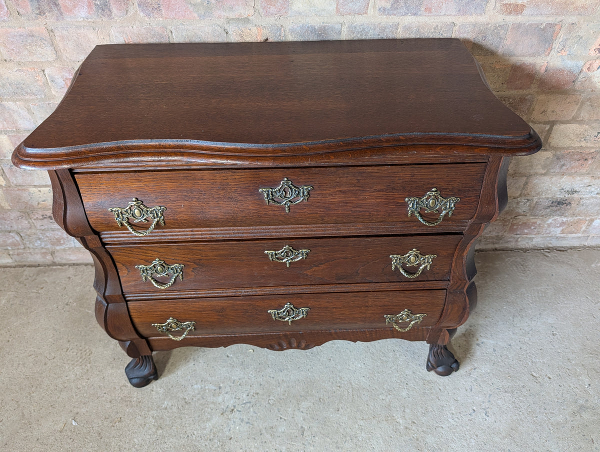 Vintage Small Oak Dutch Bombe Chest Of Drawers -3 Drawer