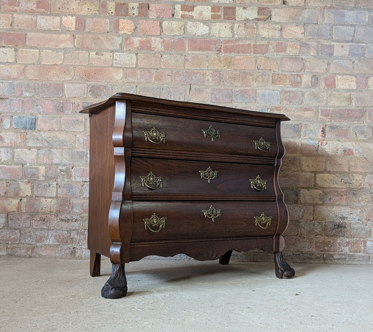 Vintage Small Oak Dutch Bombe Chest Of Drawers -3 Drawer