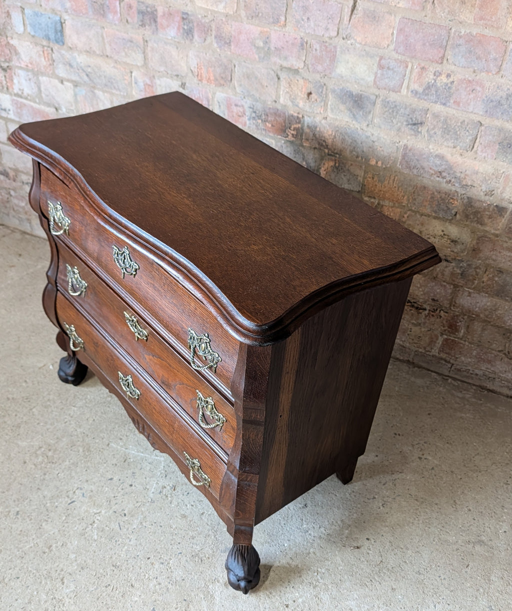 Vintage Small Oak Dutch Bombe Chest Of Drawers -3 Drawer