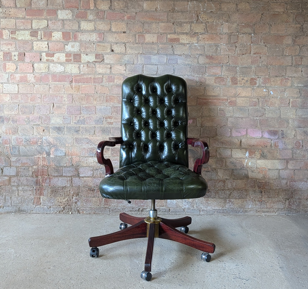 Vintage Green Leather Chesterfield Directors Chair Swivel Office Desk Chair