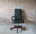 Vintage Green Leather Chesterfield Directors Chair Swivel Office Desk Chair