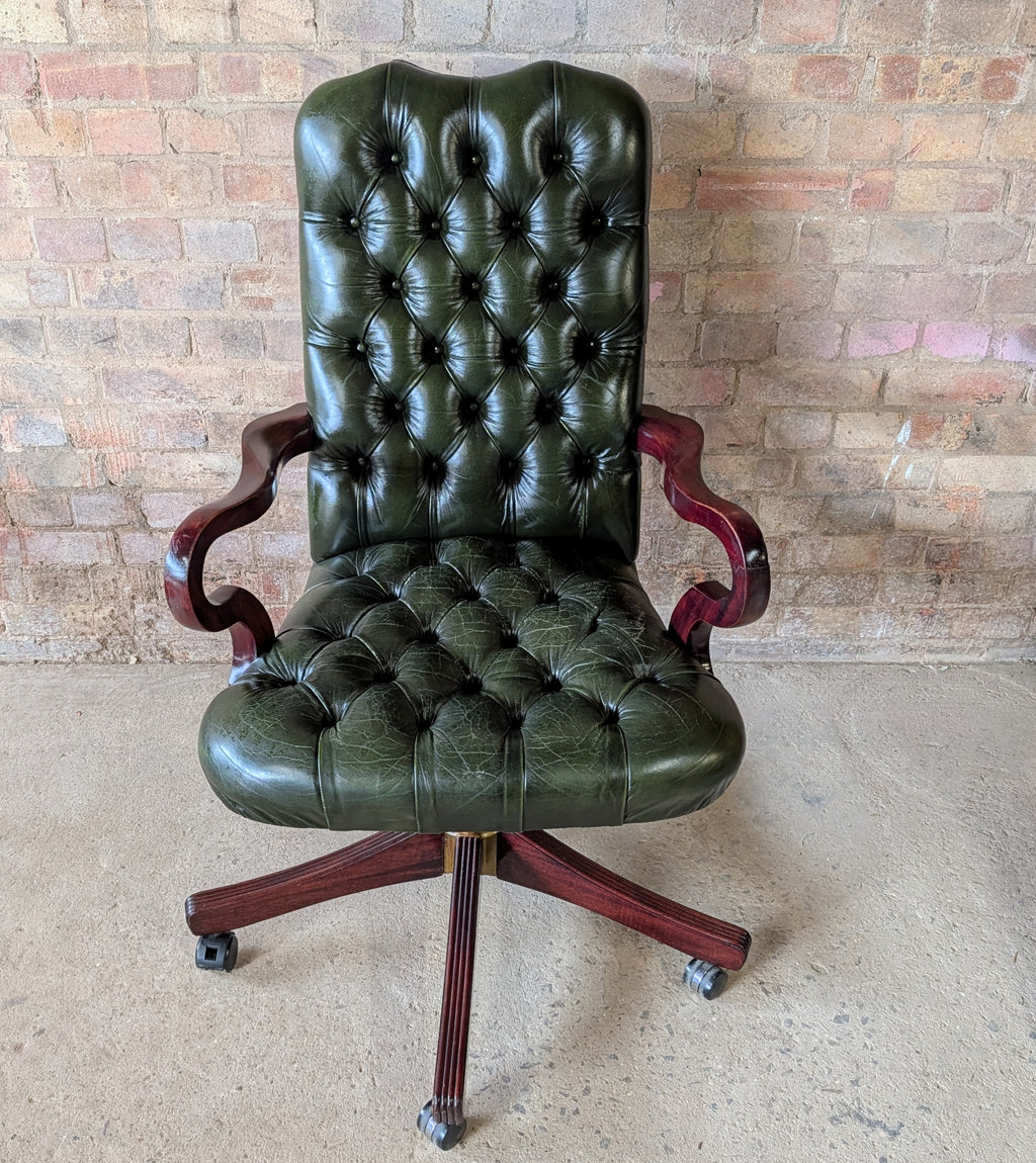 Vintage Green Leather Chesterfield Directors Chair Swivel Office Desk Chair