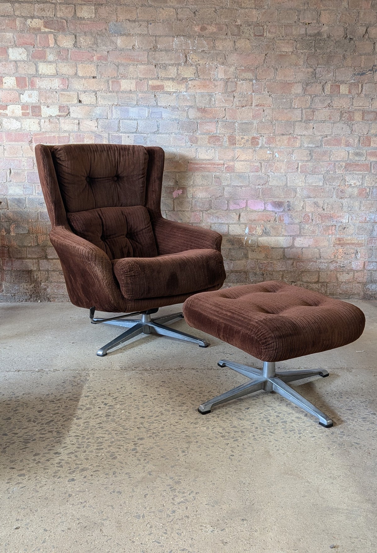 Vintage Mid Century Brown Corduroy Egg Chair Swivel Armchair And Footstool 1970s
