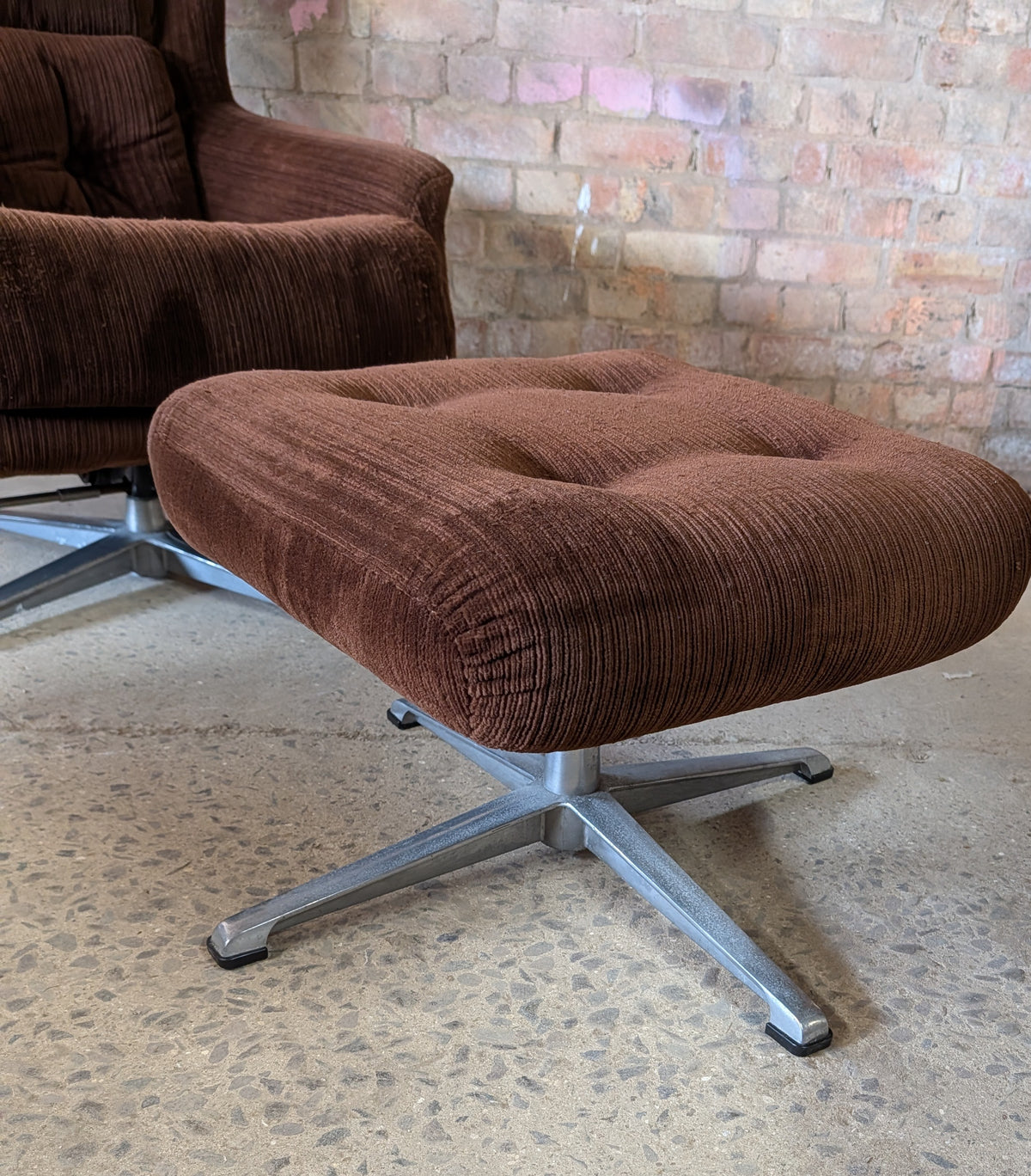Vintage Mid Century Brown Corduroy Egg Chair Swivel Armchair And Footstool 1970s